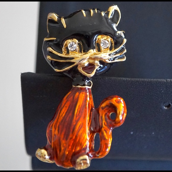 Vintage Black & Orange Enameled Kitty Cat Pin - Picture 4 of 6